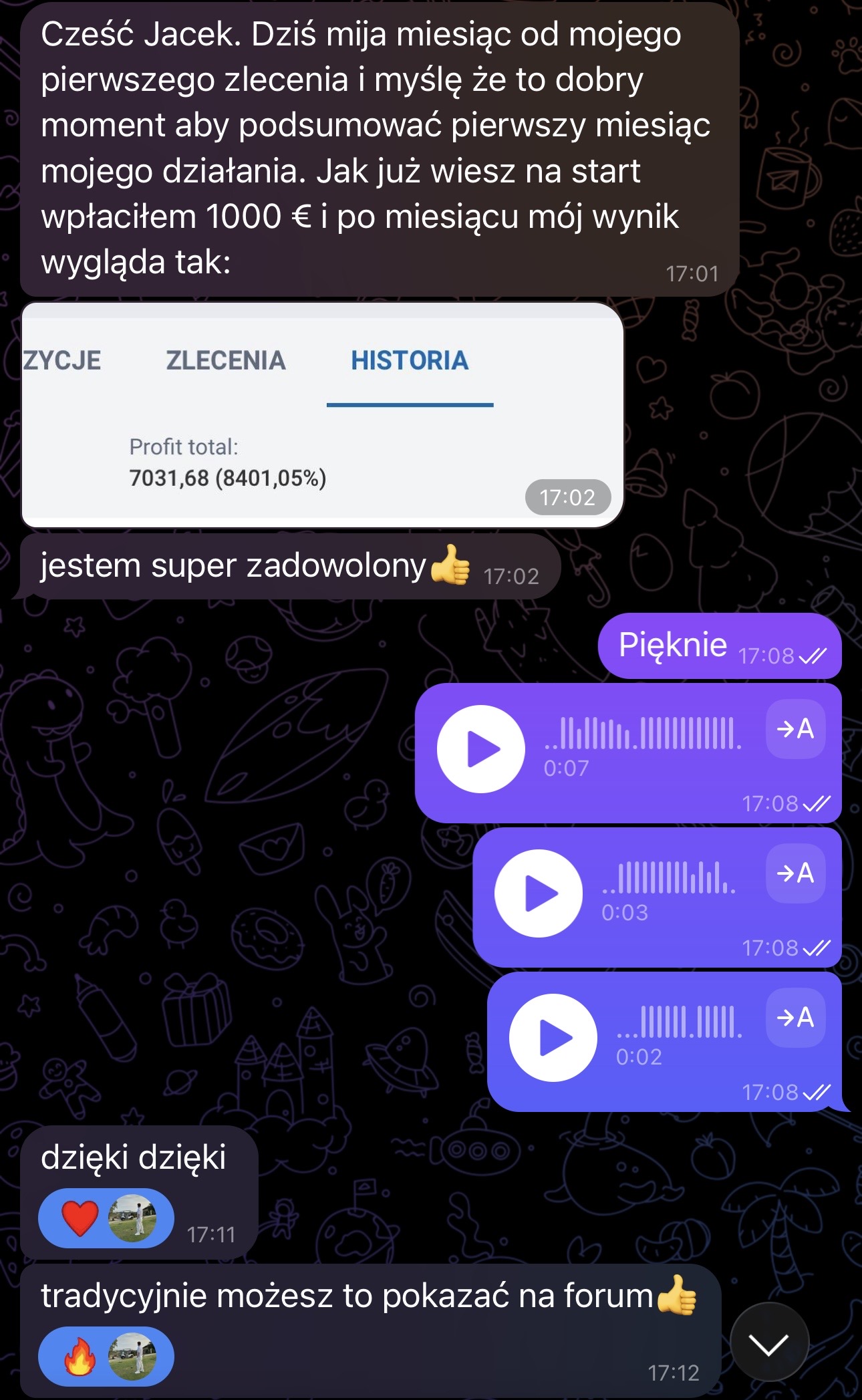 Podsumowanie pierwszego miesiąca uczestnika ze zrzutem wyniku